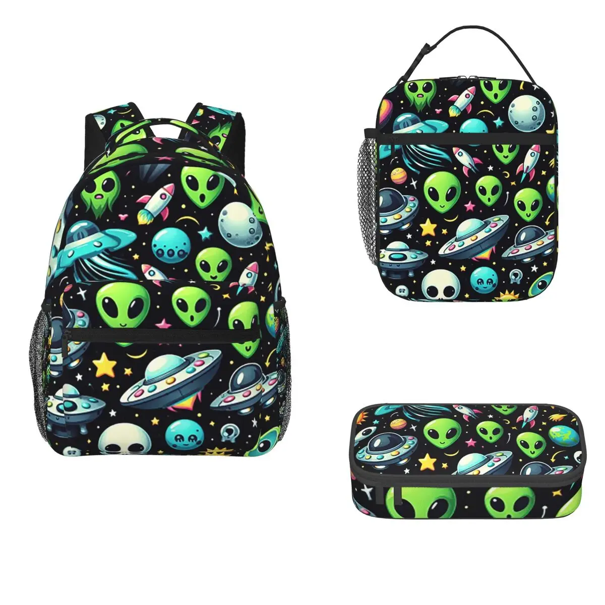 Aliens And UFO Pattern Backpacks Boys Girls Bookbag Children School Bags Cartoon Kids Rucksack Lunch Bag Pen Bag Three-Piece Set