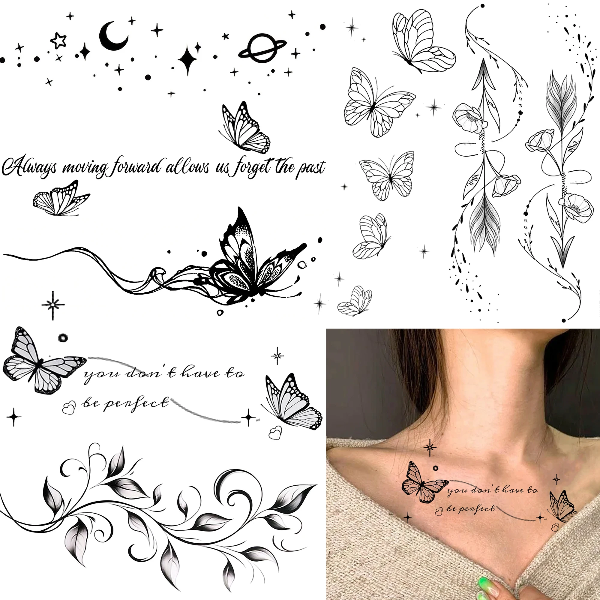 1 Sheet Butterfly Small Quote Temporary Tattoos For Women Hand Collarbone Ankle, Long Lasting Waterproof Temp Fake Tatoo Sticker