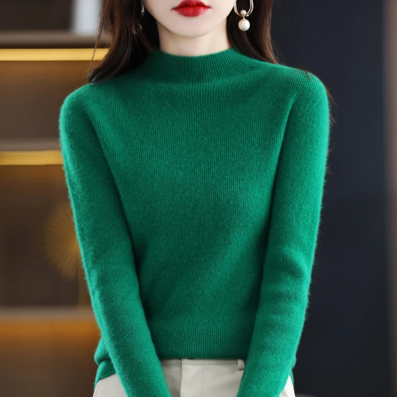 Spring and Autumn New Cashmere Sweater 100% Merino Wool Knitted Hoodie Half High Collar Tight Top Solid Color Versatile Interior