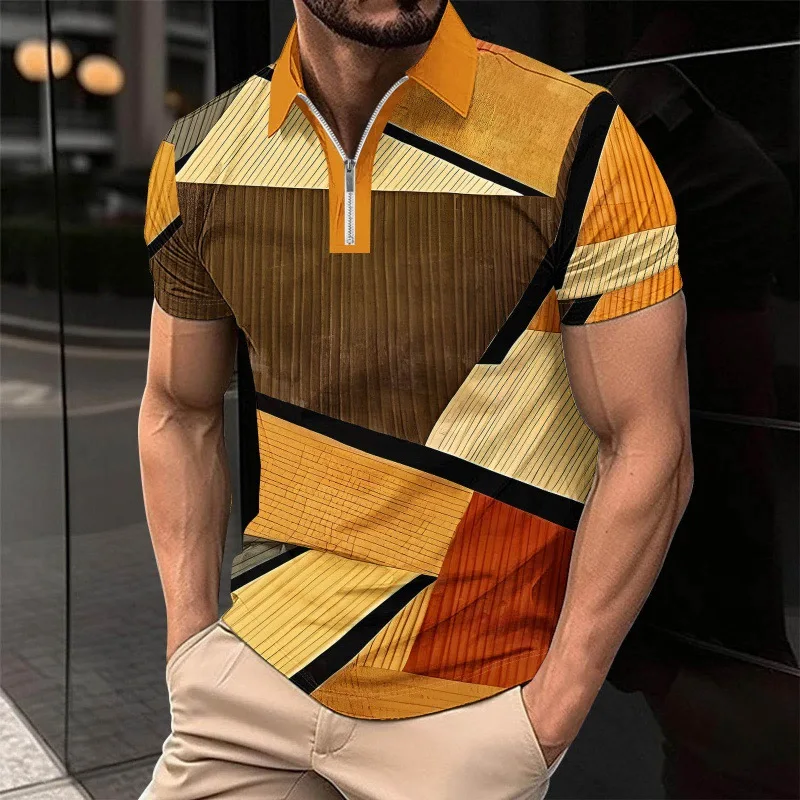 6XL Plus Size Men's Clothing Striped Polos T-Shirts Summer Short Sleeve 3d Printed Streetwear Male Zippers POLO Tee Casual Tops