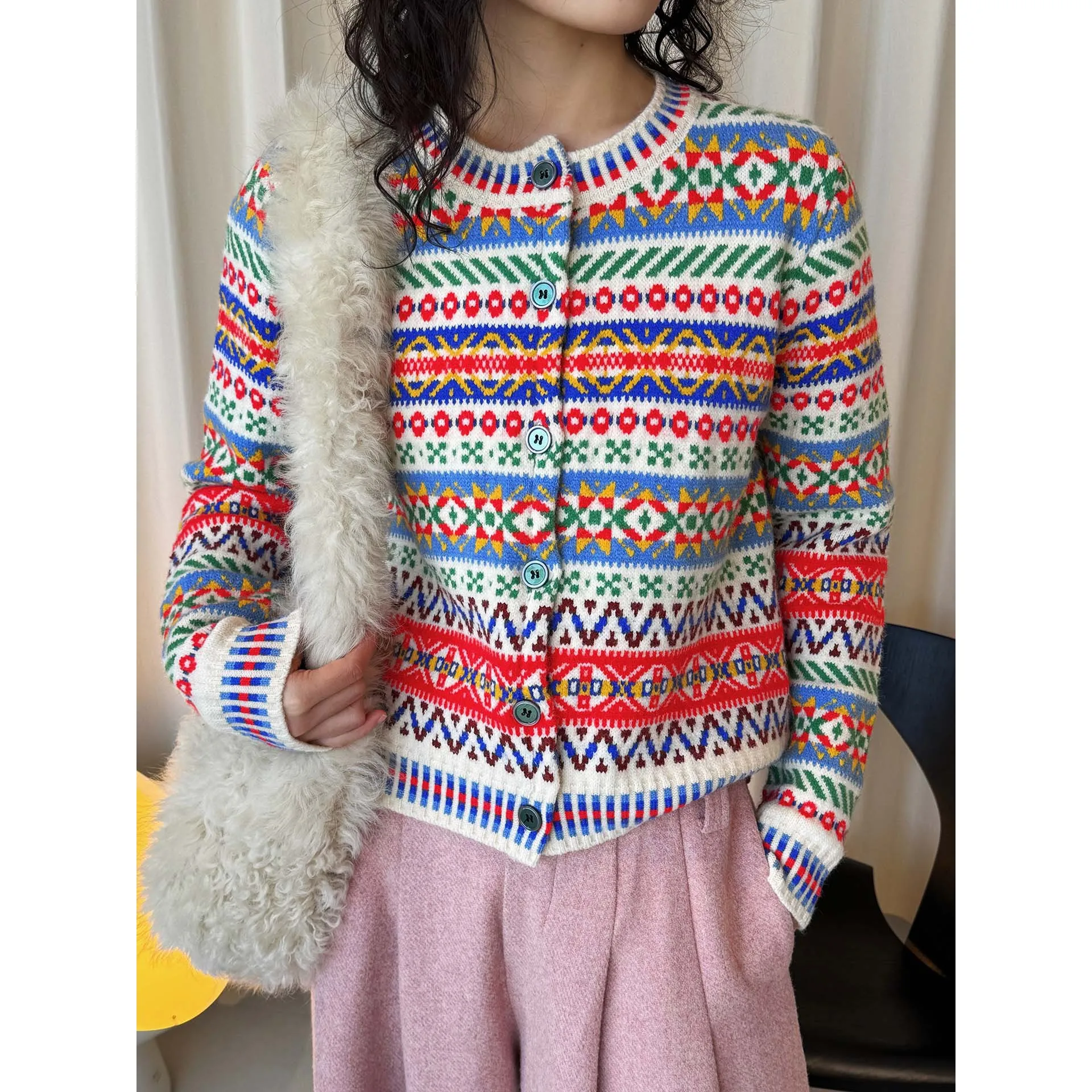 الربيع الرجعية العرقية نمط كتلة اللون الجاكار محبوك الصوف سترة مريحة الدافئة للنساء