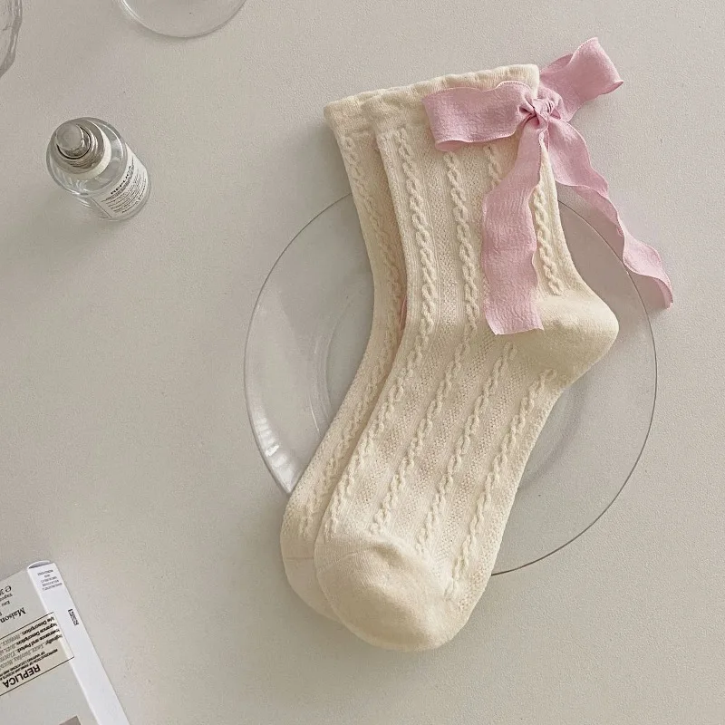 5 paires printemps mi-mollet Stocks avec nœuds de ruban respirant coton cheville chaussettes chaudes pour les femmes automne Coquette chaussettes de haute qualité