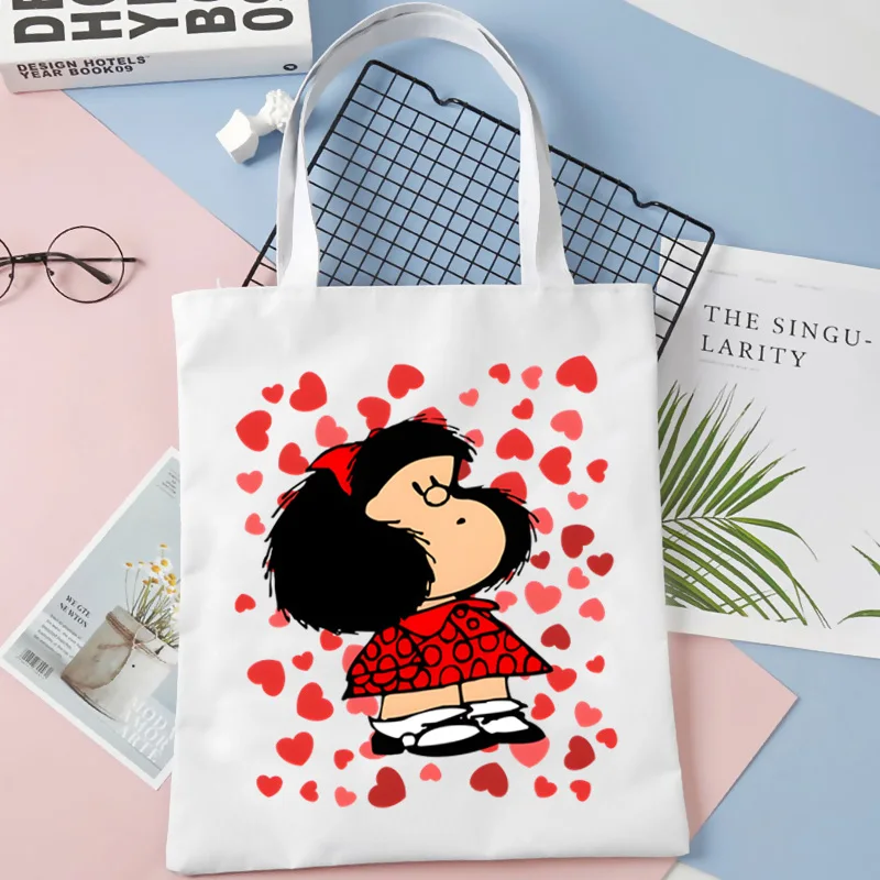 Mafalda Cute Cartoon Kawaii Ladies Handbags panno Canvas Tote Bag Shopping Travel Women Eco borse a tracolla riutilizzabili nere