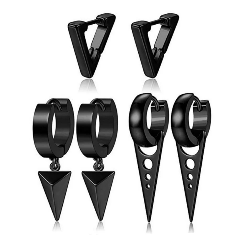 3 Pairs of Fashionable Triangle Pendants Hip-hop Stainless Steel For Daily Wear, Men's Hoop Earrings
