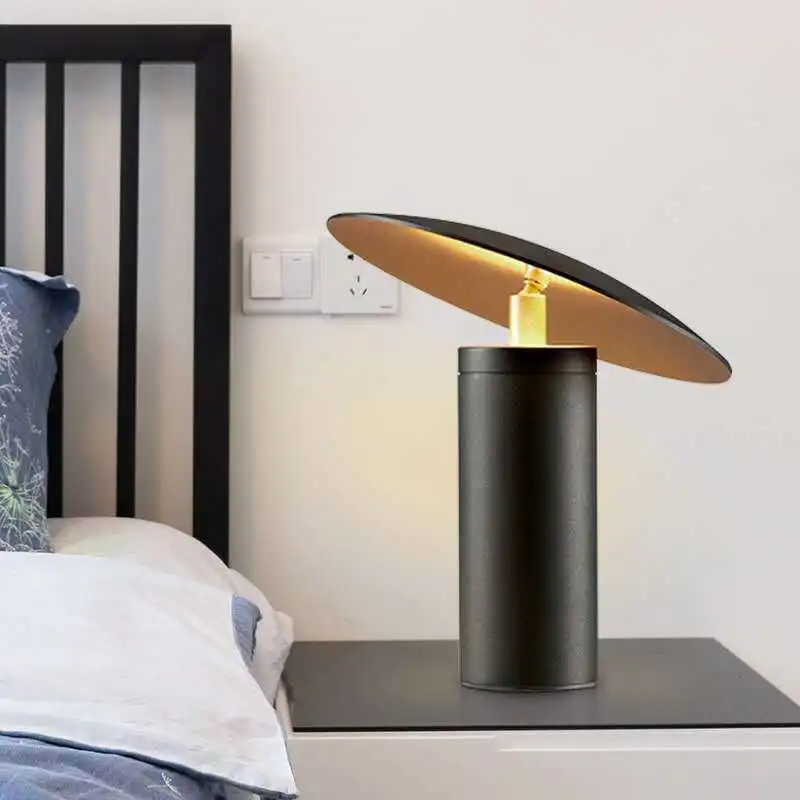 Modern Minimalist Black Cylindrical Table Lamp Led Decor Angled Disc Top Warm Glow Bedroom Living Room Hotel Bedside Desk Lights