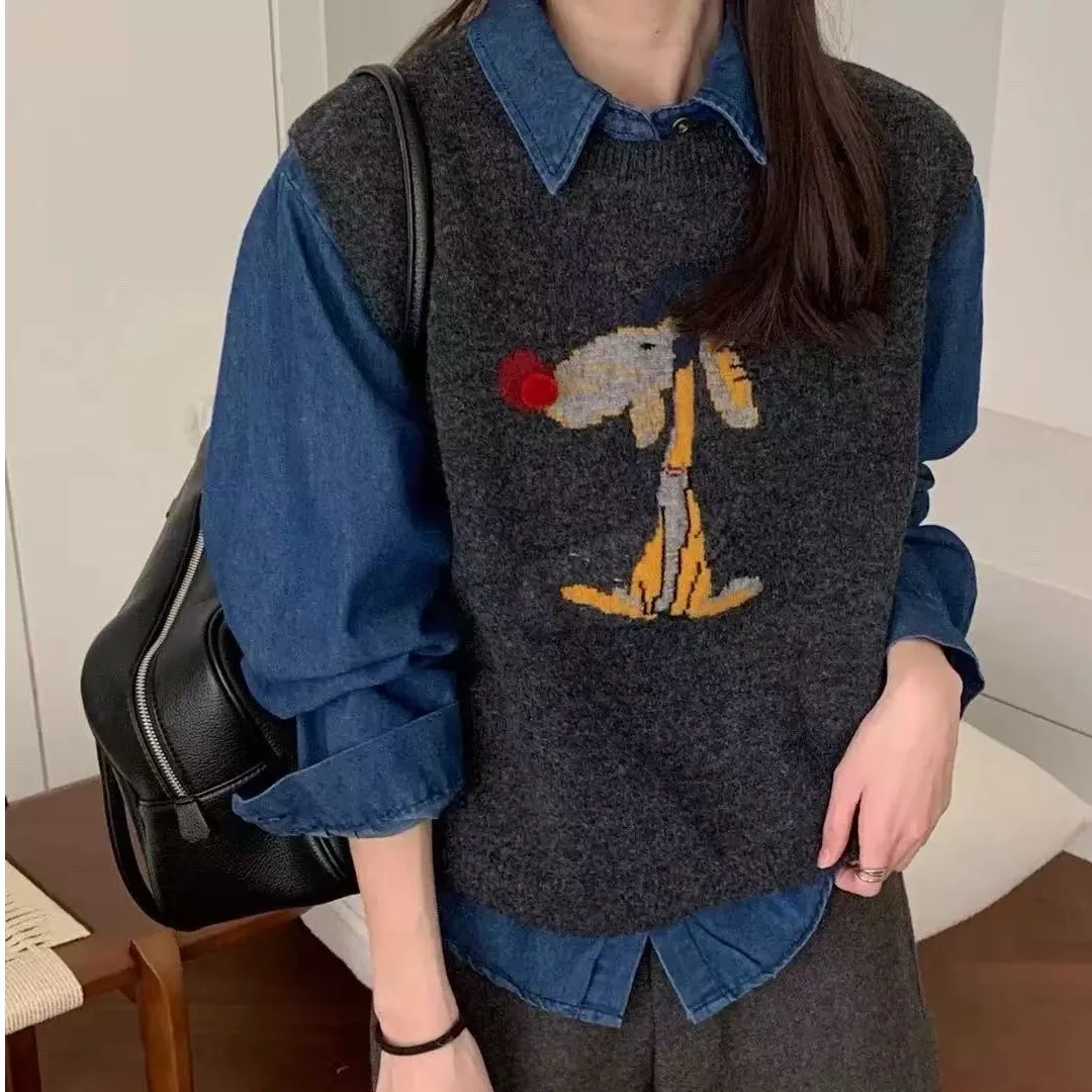 

Korean Cartoon Animal Knitted Vest Women's Autumn Winter New Sle Layering round Ne Svel Innerwear oulder Top