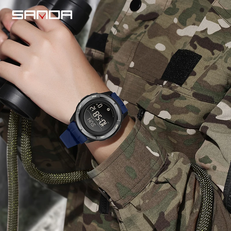 SANDA 2197 ساعة إلكترونية رياضية خارجية مضادة للصدمات ومضادة للسقوط 5ATM مقاومة للماء للرؤية الليلية ضوء بارد خطوة السعرات الحرارية البوصلة