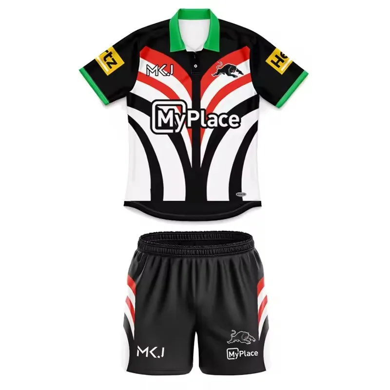 2025 Penrith Panthers 워밍업 티 키즈 키트 럭비 저지 사이즈: 16-26 (맞춤 이름 번호 인쇄)