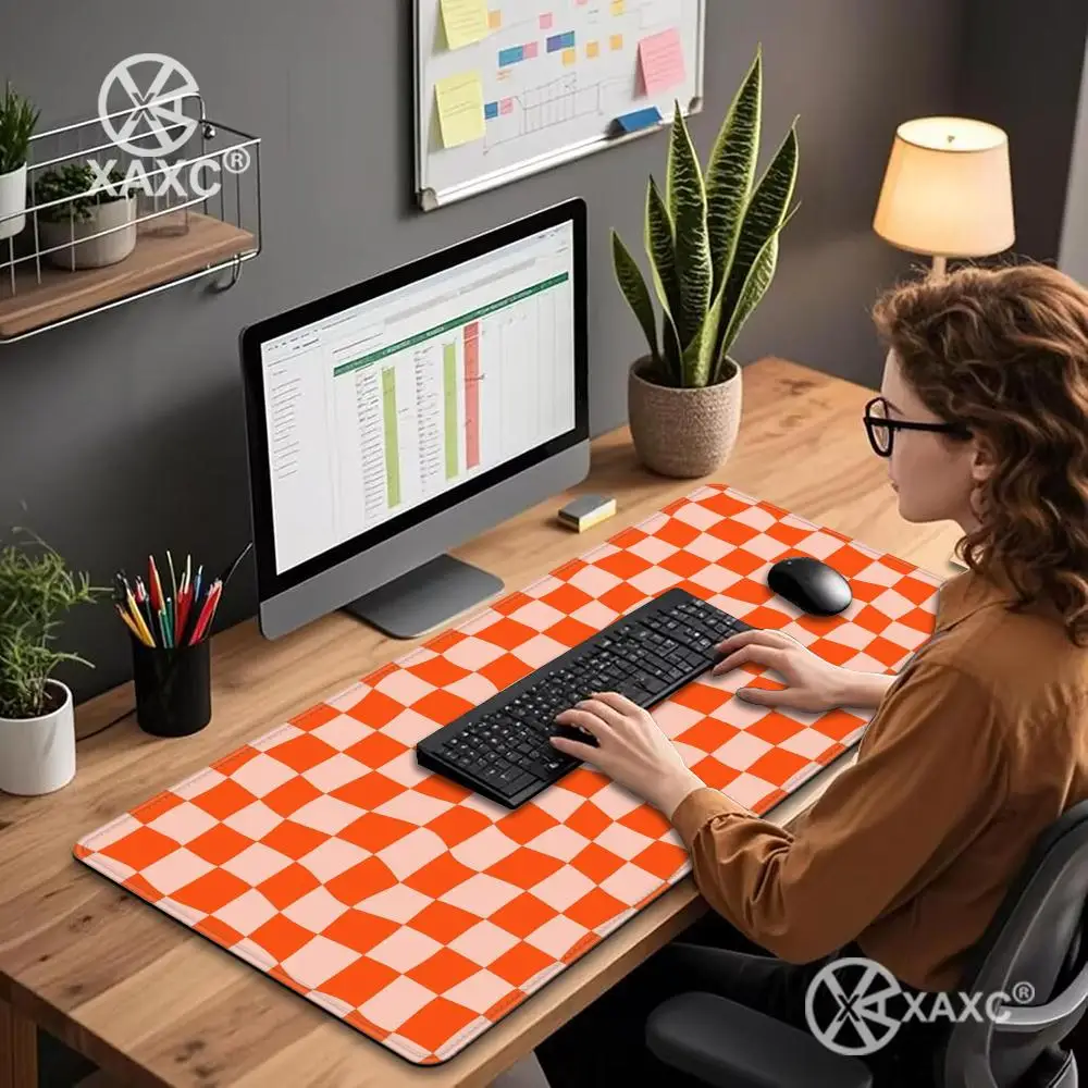 Orange Checkered & Boho Pink Mouse Pad – Kawaii Stitched Desk Mat for Office, Gaming & Women’s Decor XAXC
