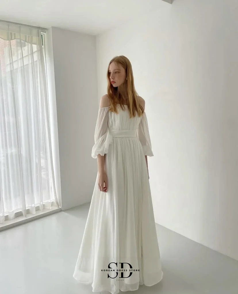 Zomer off-the-shoulder chiffon Koreaanse trouwjurken op maat gemaakte A-lijn pofmouwen bruiloft drukknoopjurk voor huwelijksreis