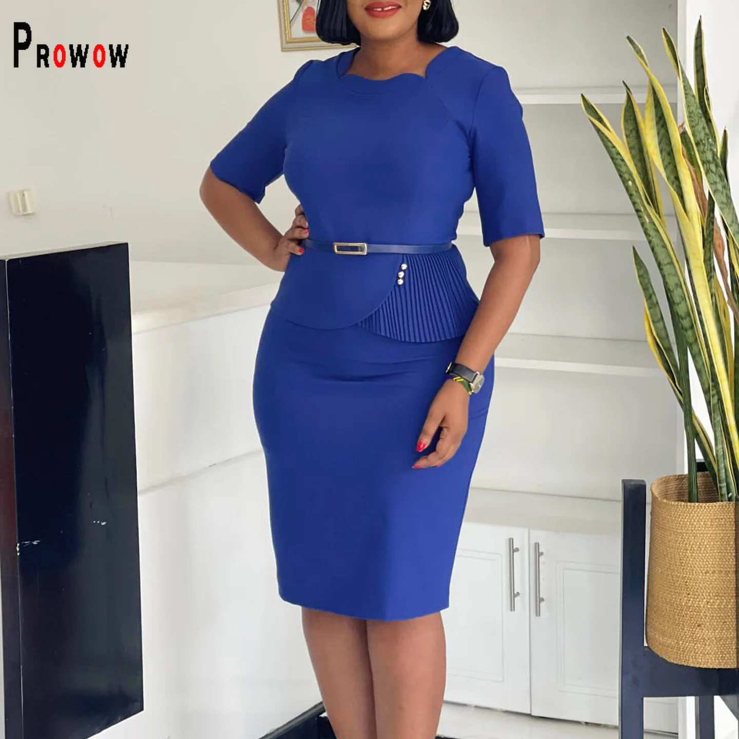 

Prowow Elegant OL Dress Office Lady Clothing 2024 New Design Solid Color High Waist Summer Female Pencil Dresses with Belt