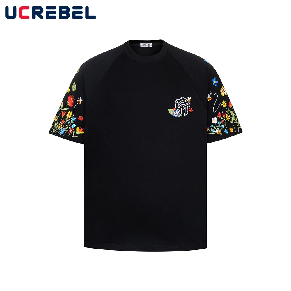 

Flower Embroidery Raglan Sleeve T-shirt Mens Summer Retro High Street Loose Crew Neck Short Sleeve Cotton Tee Men
