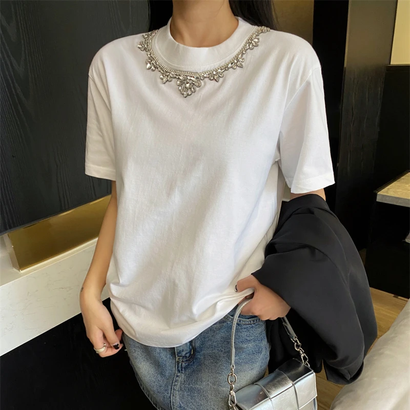 

2024 Spring Summer Fashion Streetwear Necklace Diamonds Beading T-Shirt Women Tees Casual Loose White T Shirts Tops Y2k Clothes