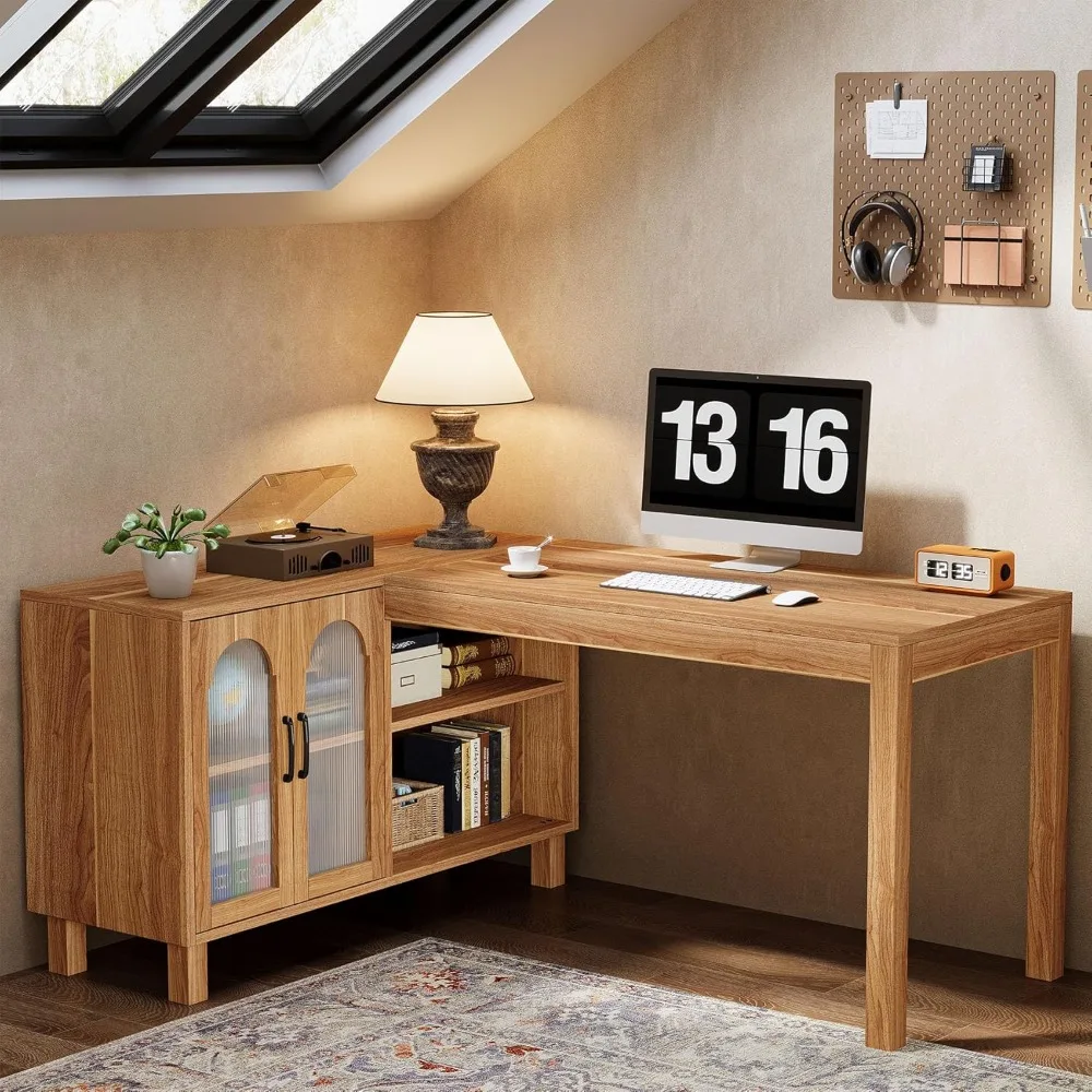 

L-shaped office desk with filing cabinet, 59 inch administrative desk with storage rack, wooden study desk for writing