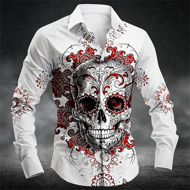 Men's New Halloween Long-Sleeve Shirt – High-Definition Skull and Floral Pattern – Suitable for Casual Wear, Outings, and Partie