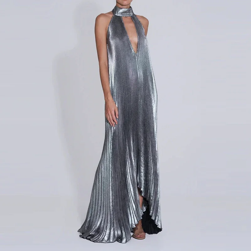 

Womens Chic Halter Lace-up Backless Irregular Dress Spring Solid Loose Pleated Long Dress Summer Sleeveless Hollow Evening Dress
