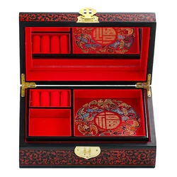 Caja de almacenamiento china antigua, organizador de joyería de boda de madera maciza, caja de maquillaje con espejo, Lacquerware hecho a mano, dragón y Fénix