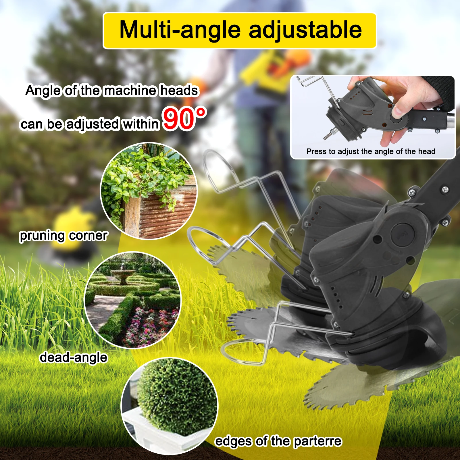 

Cordless Electric Lawn Mower 90° Foldable Grass Trimmer with 90° Adjustable Angle & Auxiliary Handle - Portable Home Garden Pru