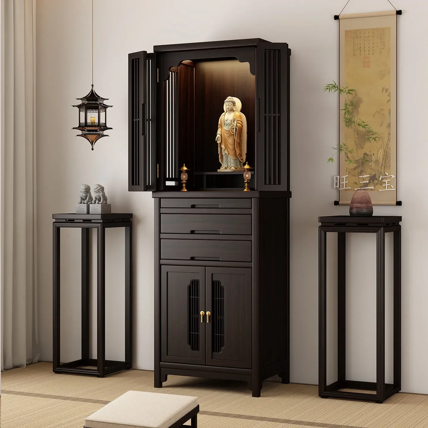 d1 Buddhist shrine with door New Chinese vertical cabinet Modern shrine cabinet Guanyin household worship table