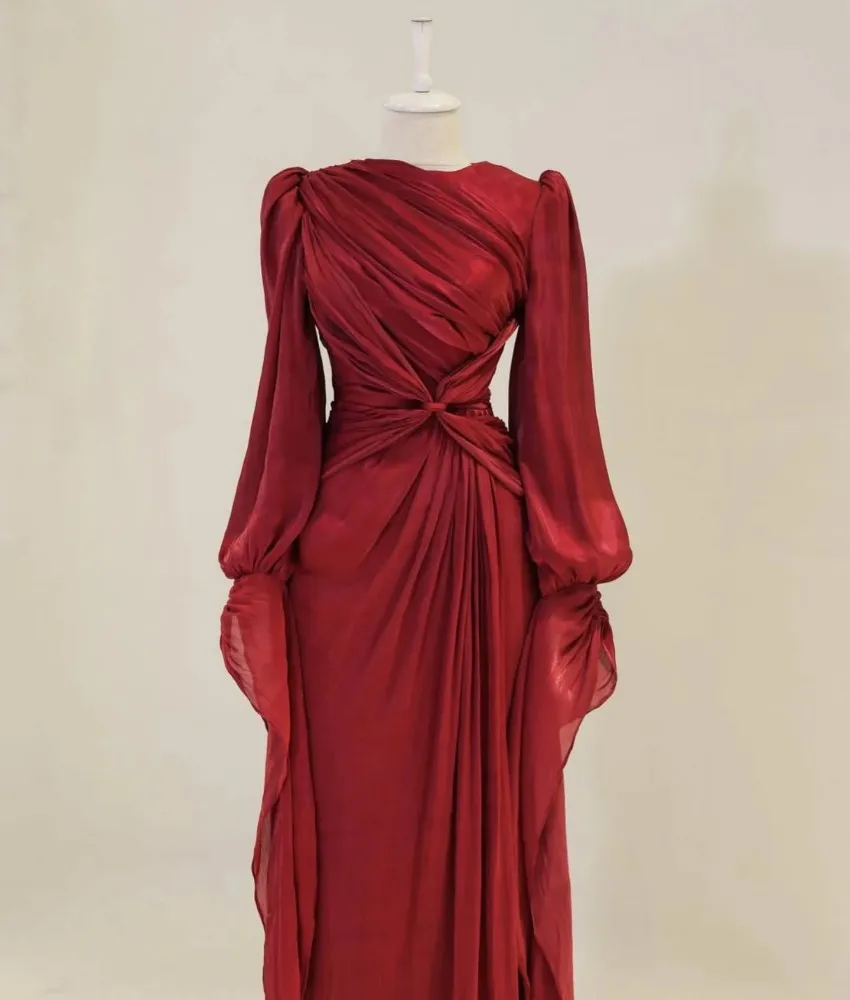 Customized Formal Chiffon A-Line Evening Dress High Quality Long Sleeves O-neck Floor Length فستان سهرة نسائي