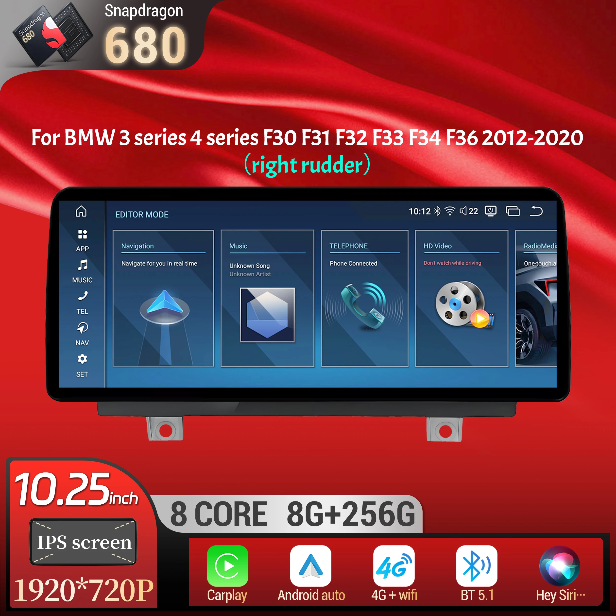 

10.25 inch RHD Android 13 For BMW 3 series 4 series F30 F31 F32 F33 F34 F36 2012-2020 Car Radio BT Carplay Snapdragon 680 Screen