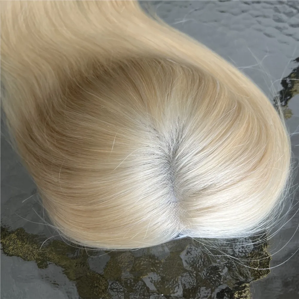 Berambut pirang # 613 Topper Rambut Asli Manusia 5x5 inci Basis Mono 14 inci Rajutan Tangan Bernapas Rambut Remy Buatan Mesin Dapat Diwarnai Dengan Mudah