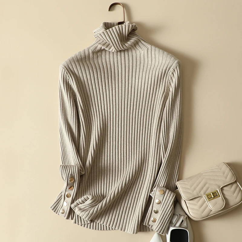 

Turtleneck Knitted Women Sweater Pullovers Autumn Solid Elastic Elegant Office Lady Pulls Outwear Top Quality