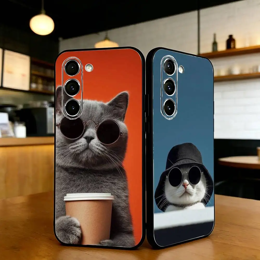 

Funny Cute Cat Phone Case For Samsung S25,24,23,22,30,21,10,9,Ultra,Plus,Lite,FE,Black Soft Case