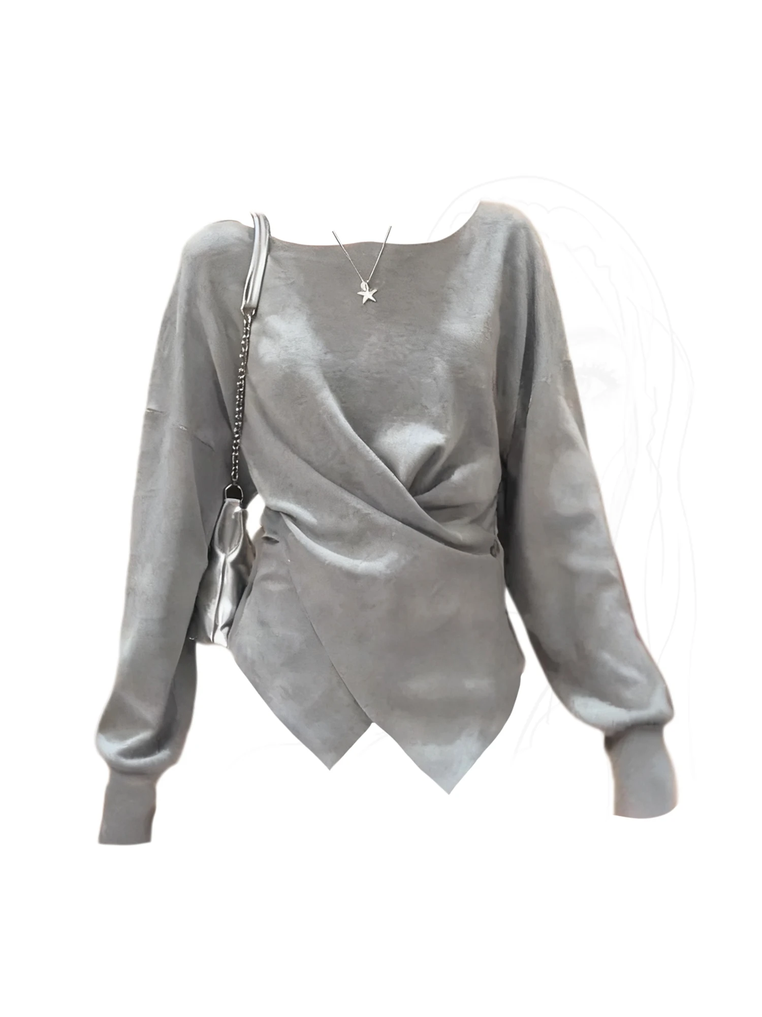 

Женский серый пуловер с разрезом на шее, винтажный джемпер, вязаный кашемировый свитер с длинными рукавами, осенняя одежда 2000-х годов, 2025 г.