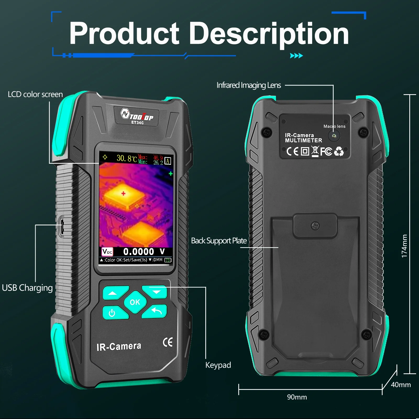 Câmera de imagem térmica infravermelha portátil TOOLTOP ET34C de 3,2 polegadas -20 ~ 550 ℃   Inspeção elétrica da câmera IR de medição de temperatura