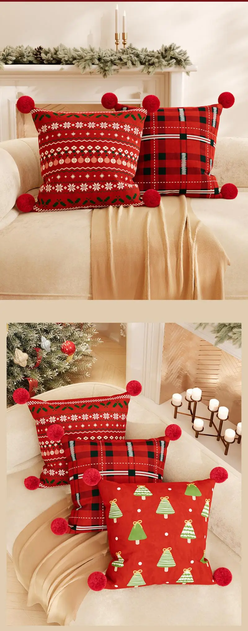 Weihnachtliche Sofakissenbezüge, Cojines, rote, weiche, kurze Plüsch-Dekokissenbezüge, Kopfteil-Kissenbezüge – Detail 4
