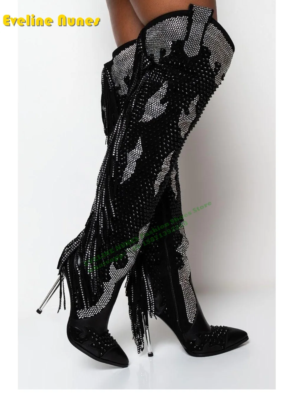 Women's Rhinestone Embellished Over The Knee Boots Crystal Fringe Metal Heel Pointer Toe Patchwork Women Sexy Fashion Shoes 2024