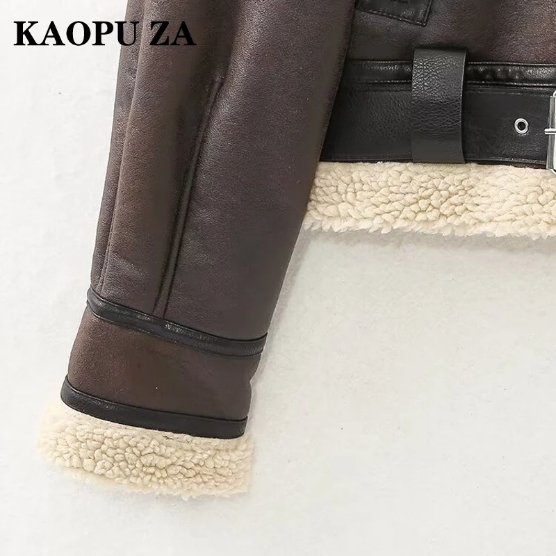 KAOPU ZA 2024 Winter Women\'s Streetwear Faux Sheepskin Fur Bomber Jacket with Belt Double-sided Fleece Zipper Pocket Warm Overco