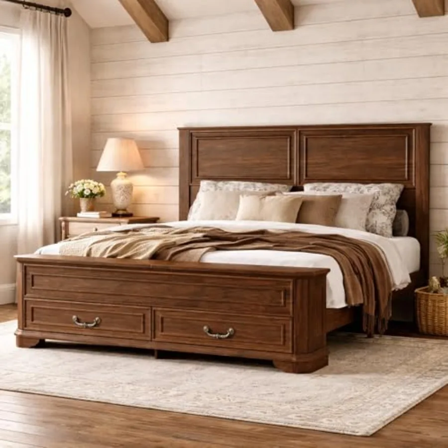 

Queen Farmhouse Bed Frame, Queen Bed Frame with Footboard and Storage Bench with 2 Large Drawers, Pinewood Antique Bed Frame fo