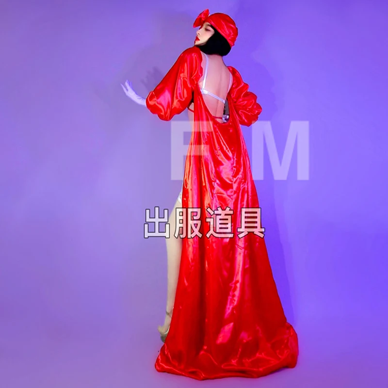 ドラッグクイーン衣装ゴーゴーダンス衣装ショー赤ロングコート白セクシーなビキニナイトクラブダンススーツフェスティバルステージ衣装 3082