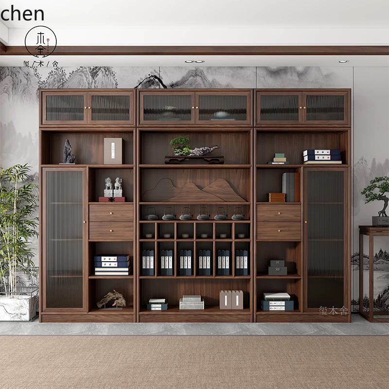 

QZT solid wood bookcase combination walnut tea rack office file cabinet display cabinet