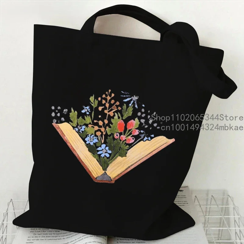 Books and Wildflower Canvas Tote Bag Women Bookworm Shoulder Bags Fashion Flower Trend Book Lovers Shopping Bag Teen Handbags