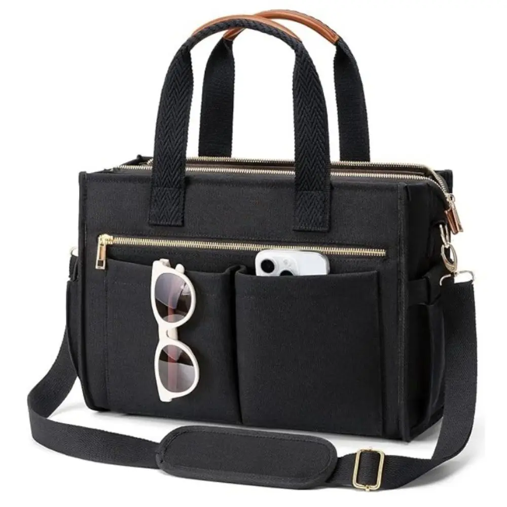 

High Quality 15-Pocket Canvas Tote Bag Zipper Large Laptop Bag Adjustable Strap Bible Bag Work Purse For Women