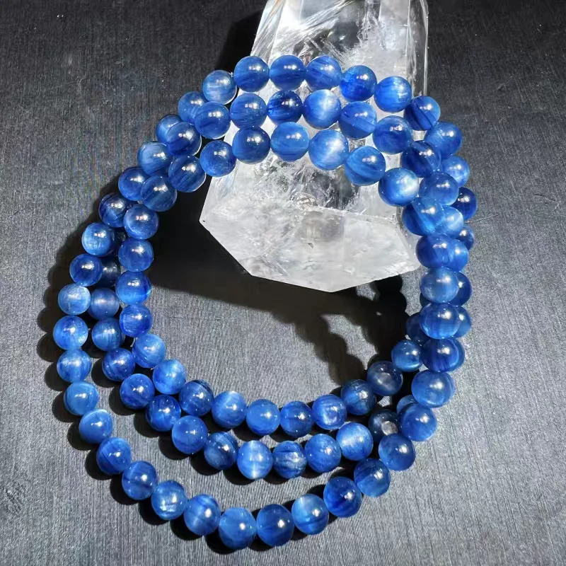 Natural Blue Kyanite Bracelet Necklace 6mm Round Beads 3 Laps Gemstone Stretch Women Men Kyanite Pendant Cat Eye Necklace AAAAAA