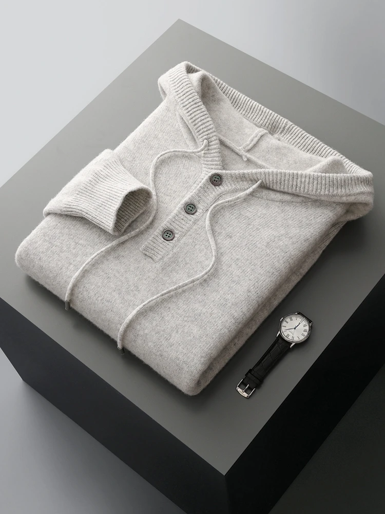 2025 New Chic Man Hooded Pullover Autumn Winter Basics 100% Merino Wool Sweater Sports Sweatshirt Button Drawstring Male Clothes