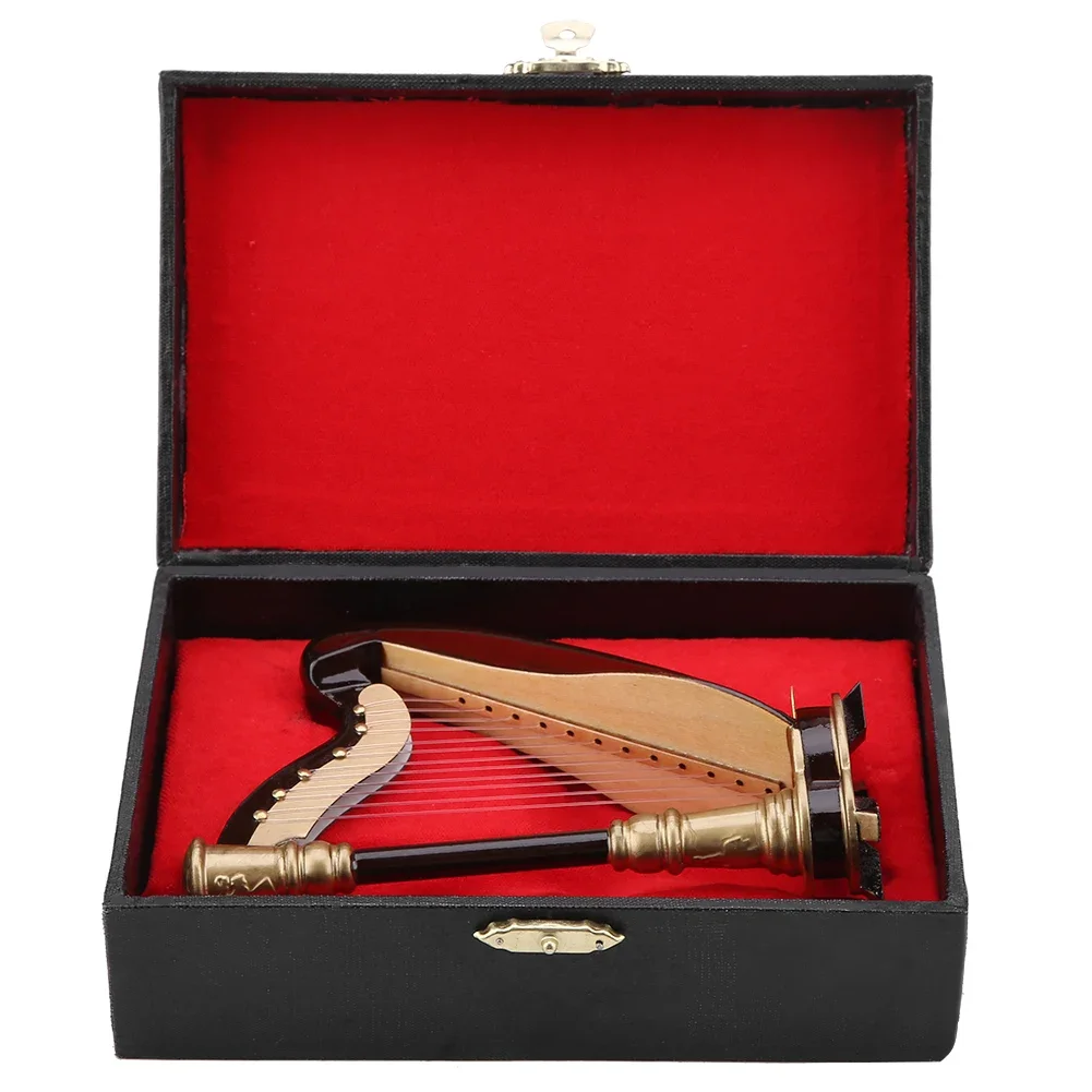 Wooden Miniature Harp Replica With Gift Case Mini Instrument Model Musical Gifts Ornaments