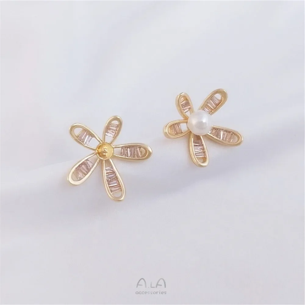 

14K gold-encrusted Zirconium five-petal flower pearl empty support ear studs 925 silver needle diy handmade flower material