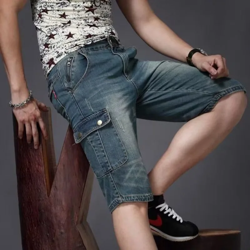 Koreanische Luxuskleidung 2025, Sommer, dünne Denim-Shorts, lockere, lässige, gerade, mittlere Hosen, koreanische Overalls mit mehreren Taschen, 3/4-Hosen