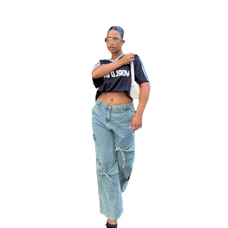 Street Hot Girls Casual Loose Wide-leg Jeans.  Ladies Four Seasons New Fashion Lace-up Bow Design Sense Washed Straight-leg Jean