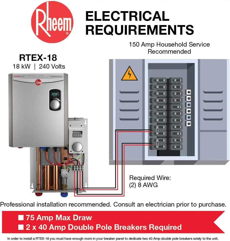 Rheem-Aquecedor elétrico sem tanque, Aquecedor de água cinza, 18kW, 240V