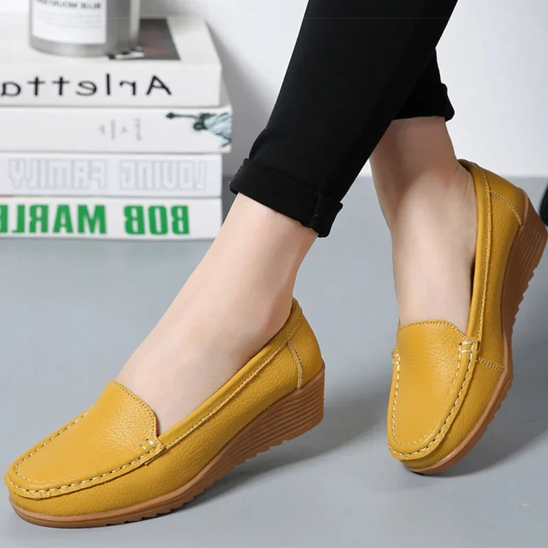 

Women Shoes 2024 New Leather Flat Shoes Slip On Women Loafers With Wedge Heels Casual Flats Zapatos Mujeres Moccasins Female