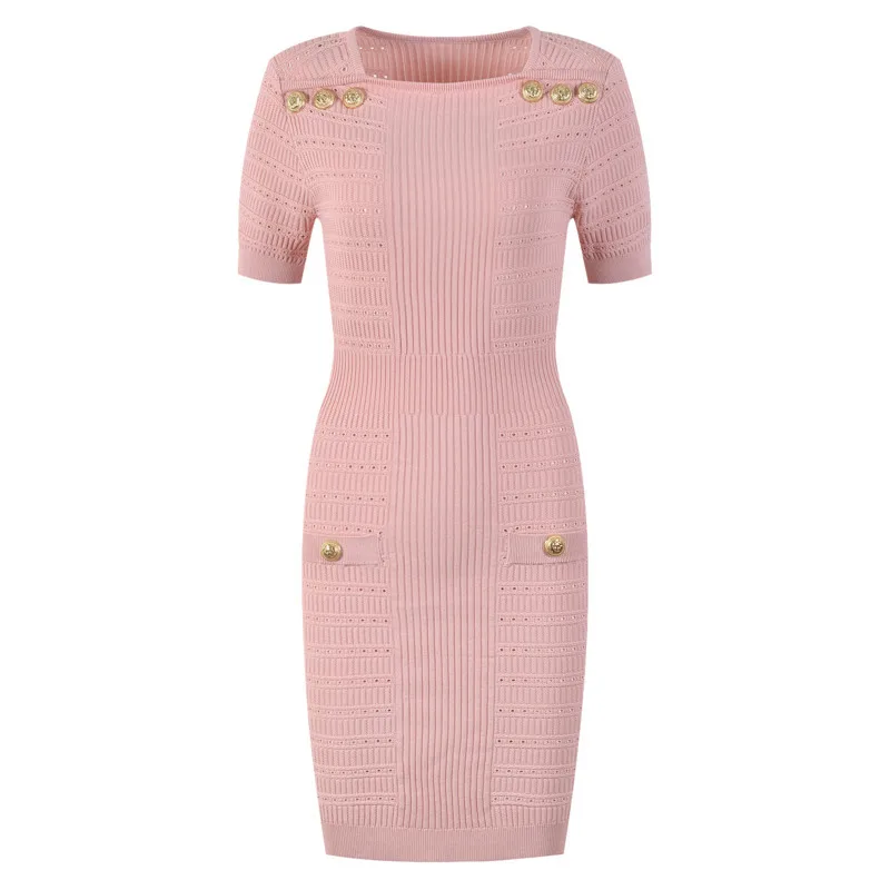 فستان CHUJIE الفرنسي للركاب منسوج برقبة دائرية للمكتب جاهز وقابل للتمدد فستان متوسط الطول لعطلة نهاية الأسبوع SS25 مع جيوب