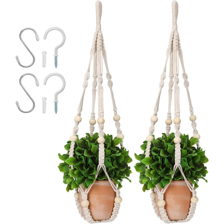 

Вешалка для растений макраме, 23 набора из 2 подвесных держателей для растений без кисточек, прочный держатель для цветочного горшка в помещении с 4 крючками Горшок цвета слоновой кости НЕ входит