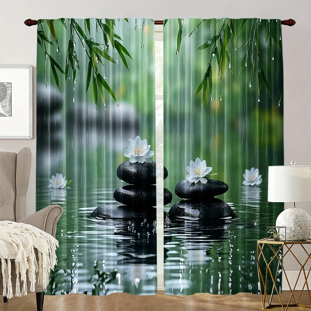 2pcs Zen Bamboo Curtains Raindrop Lotus Stone Print Drape Meditation Room Window Treatment Calming Nature Home Decor Panels
