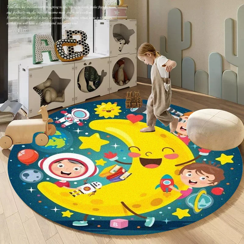 Cute Anime Space Astronaut Rug Planet Rocket Foot Mat for Baby Crawling and Early Education Round carpet